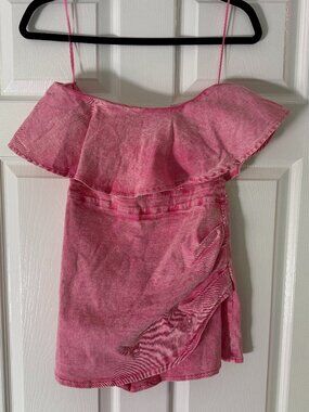 Bright Hot Pink Ruffle Strapless Denim Romper